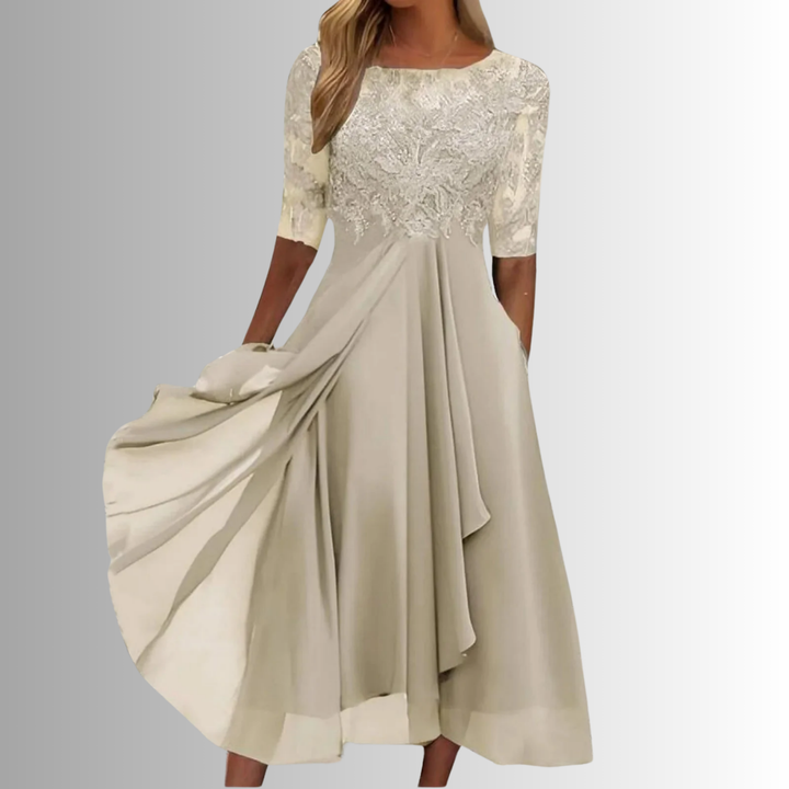 Isolde | Women's Chiffon Lace Bodice Midi Dress