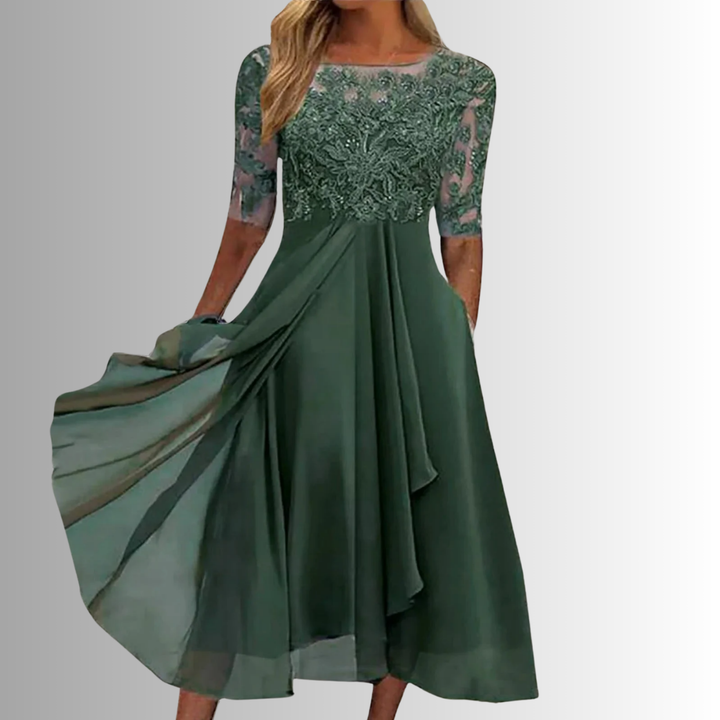 Isolde | Women's Chiffon Lace Bodice Midi Dress