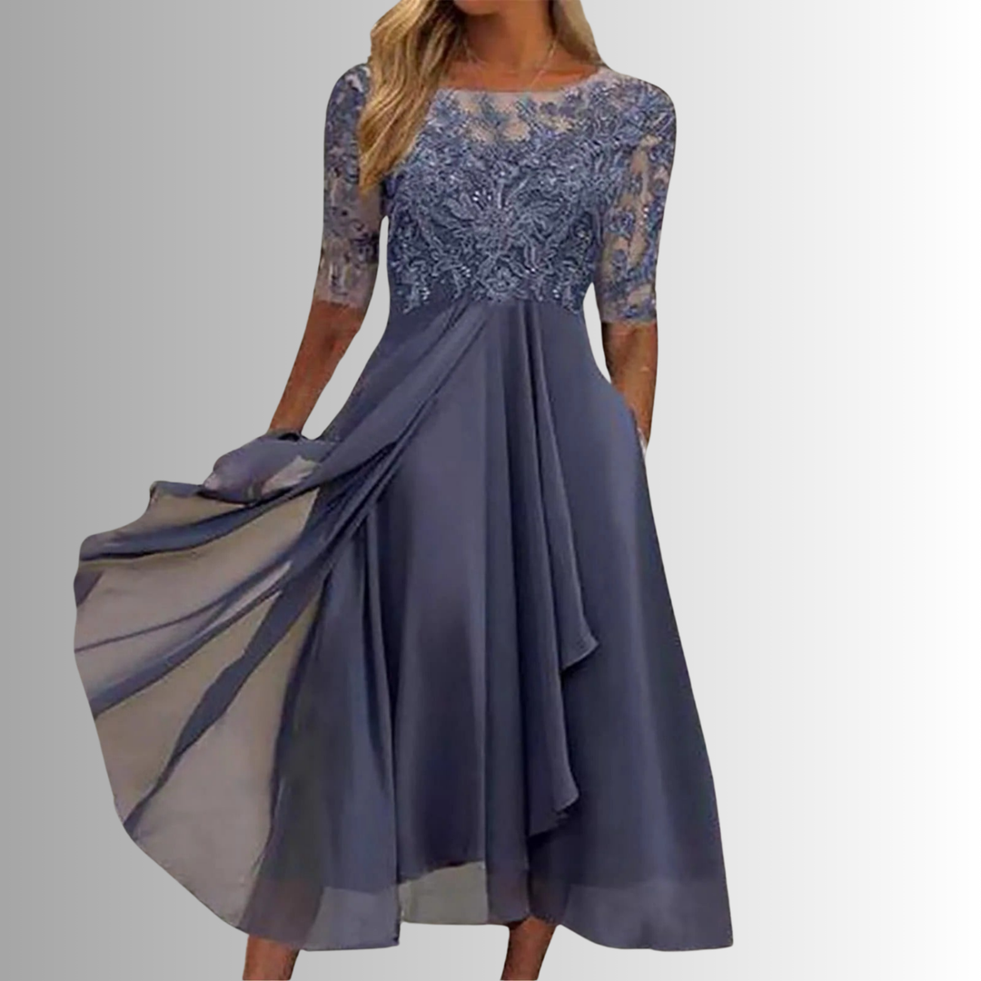 Isolde | Women's Chiffon Lace Bodice Midi Dress