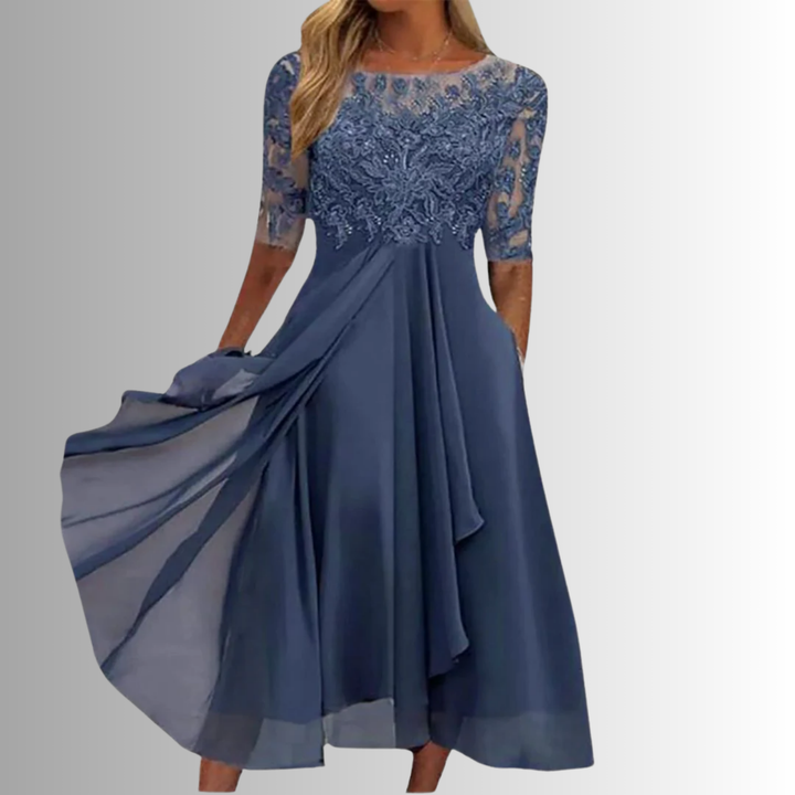 Isolde | Women's Chiffon Lace Bodice Midi Dress