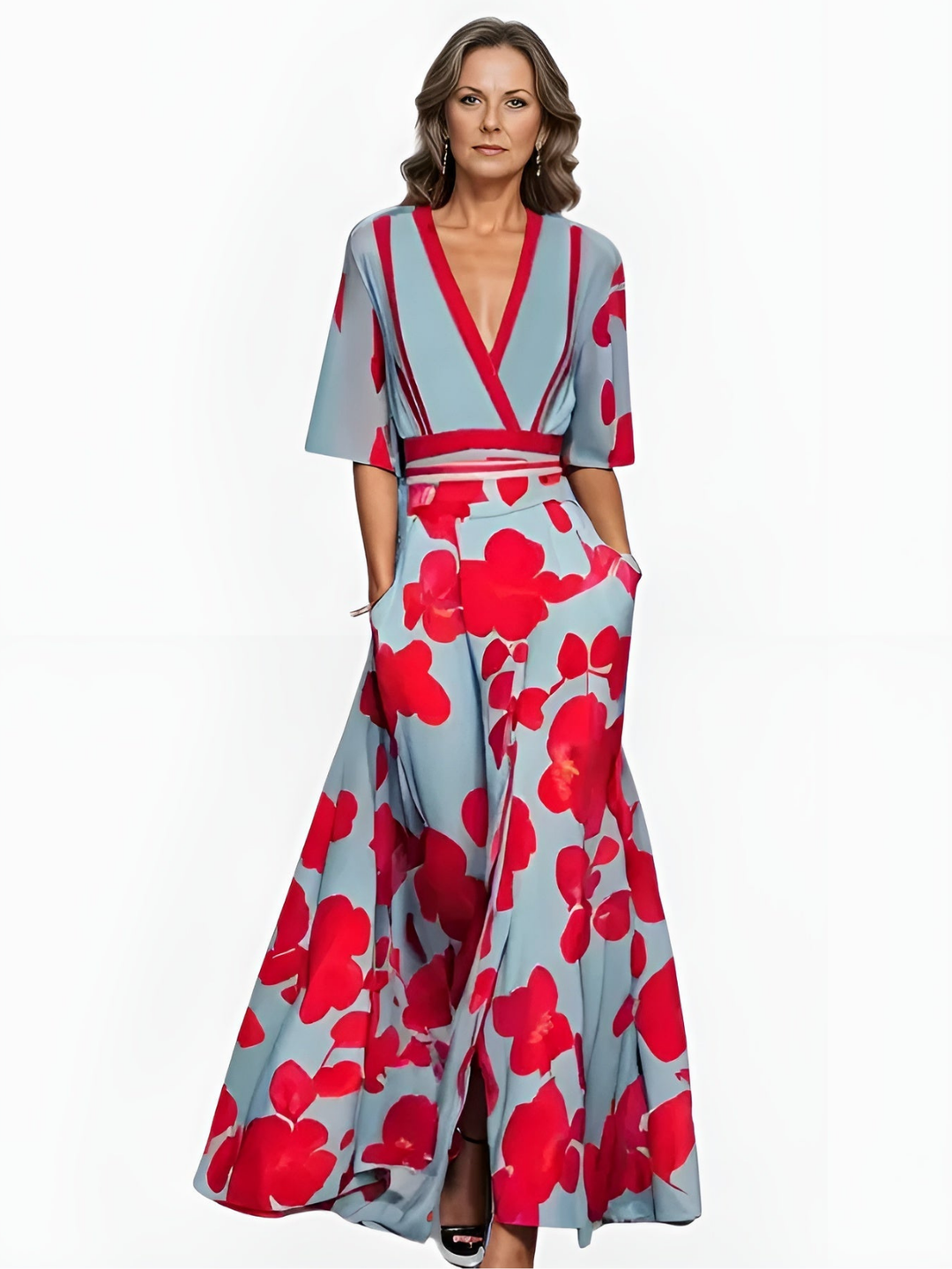 Jolene | Women's Breathable Dusty Blue Floral Wrap V-Neck Maxi Dress
