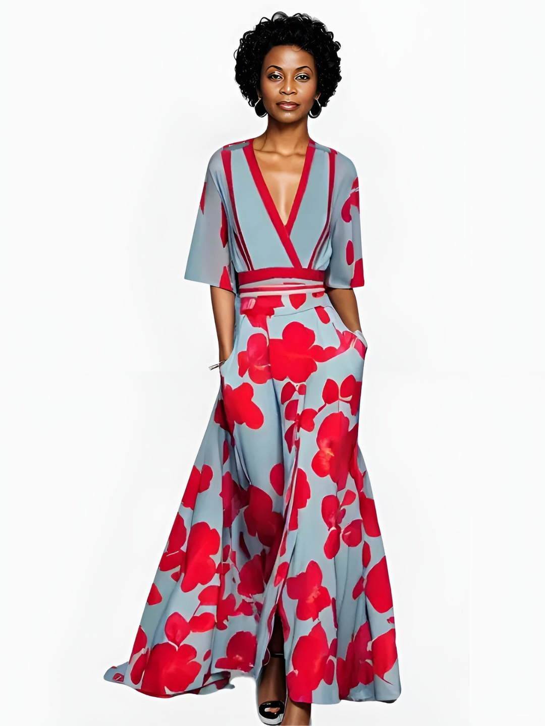 Jolene | Women's Breathable Dusty Blue Floral Wrap V-Neck Maxi Dress