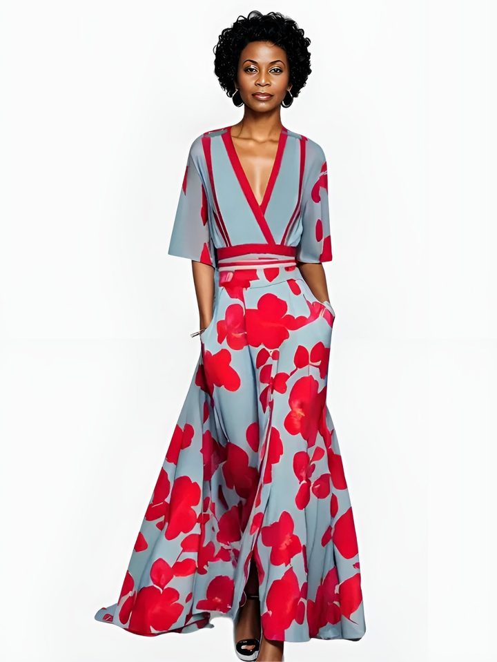 Jolene | Women's Breathable Dusty Blue Floral Wrap V-Neck Maxi Dress