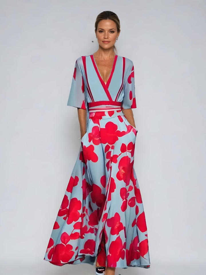 Jolene | Women's Breathable Dusty Blue Floral Wrap V-Neck Maxi Dress