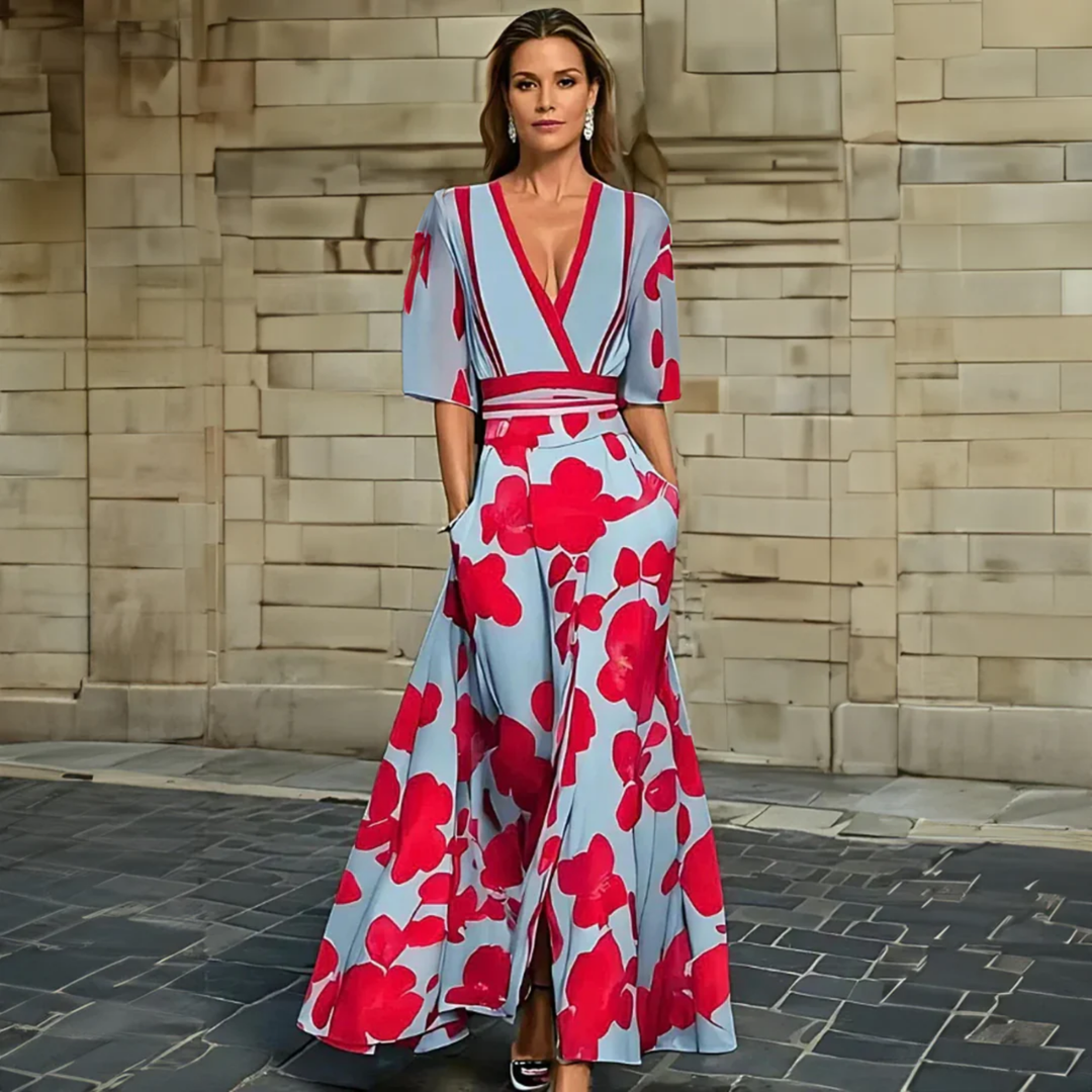 Jolene | Women's Breathable Dusty Blue Floral Wrap V-Neck Maxi Dress