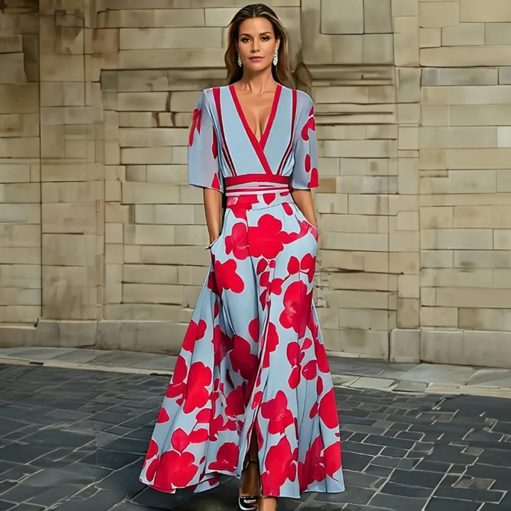 Jolene | Women's Breathable Dusty Blue Floral Wrap V-Neck Maxi Dress