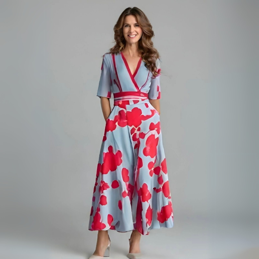 Jolene | Women's Breathable Dusty Blue Floral Wrap V-Neck Maxi Dress