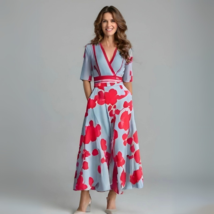 Jolene | Women's Breathable Dusty Blue Floral Wrap V-Neck Maxi Dress