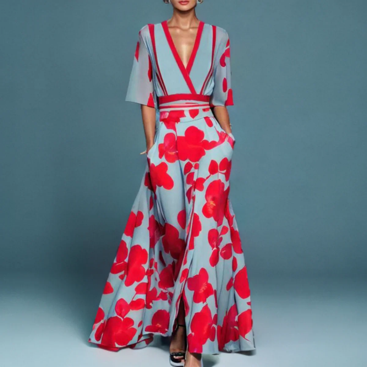 Jolene | Women's Breathable Dusty Blue Floral Wrap V-Neck Maxi Dress