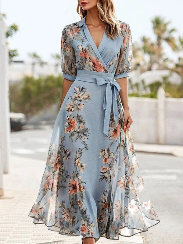 Jolene | Women's Chiffon Floral Wrap Belted Maxi Dress