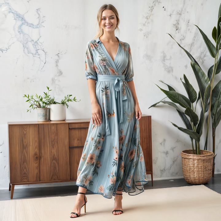 Jolene | Women's Chiffon Floral Wrap Belted Maxi Dress