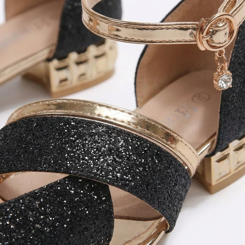 Jolene | Women's Leather Glitter Low Block Heel Ankle Strap Sandals