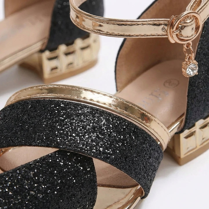 Jolene | Women's Leather Glitter Low Block Heel Ankle Strap Sandals