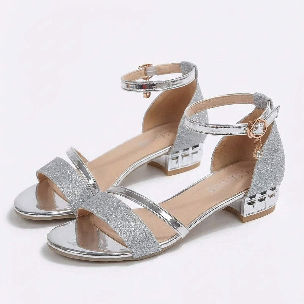 Jolene | Women's Leather Glitter Low Block Heel Ankle Strap Sandals