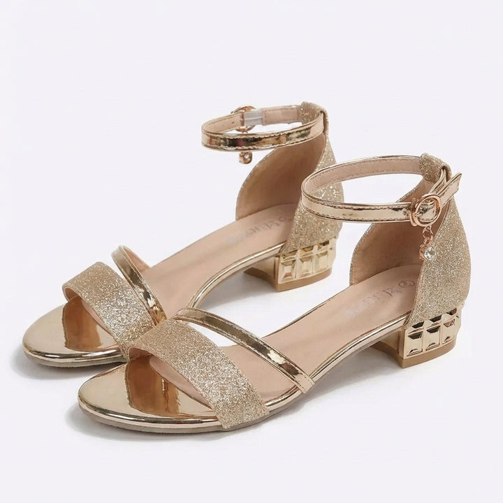 Jolene | Women's Leather Glitter Low Block Heel Ankle Strap Sandals