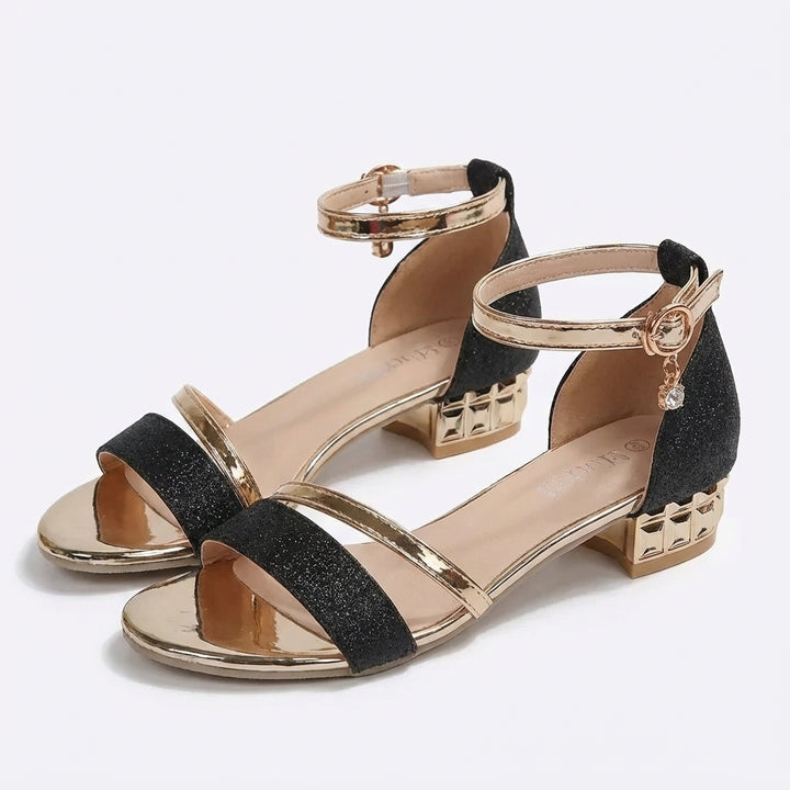 Jolene | Women's Leather Glitter Low Block Heel Ankle Strap Sandals