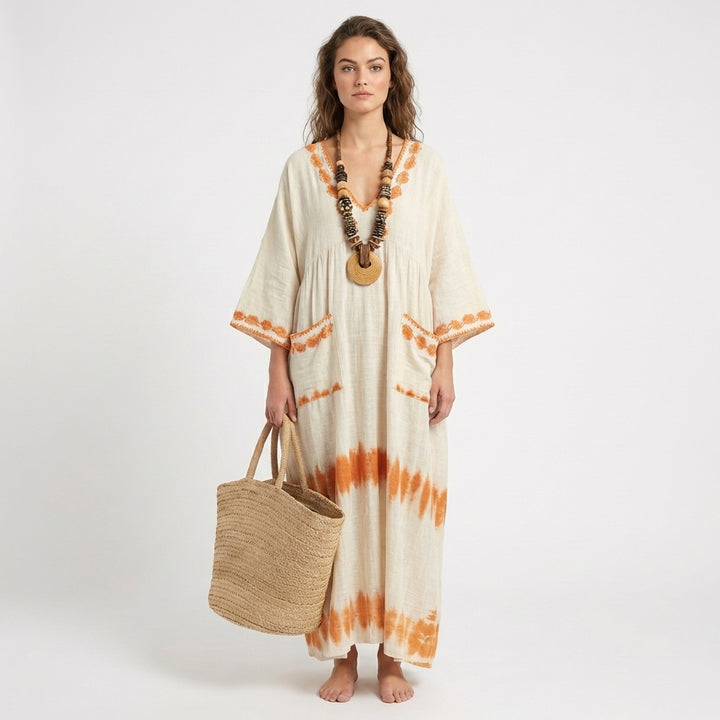 Jolene | Women's Linen Contrast Trim Oversized Kaftan Maxi Dress
