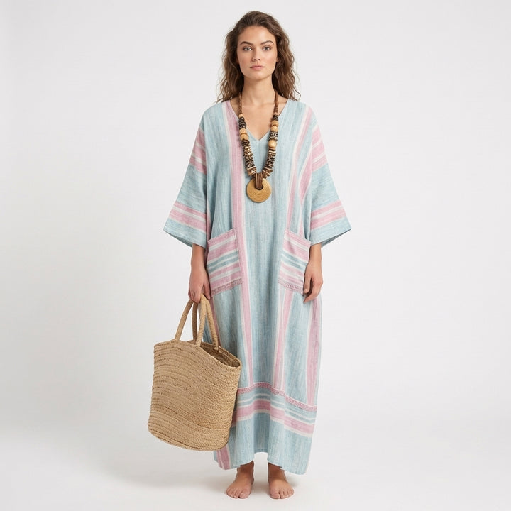 Jolene | Women's Linen Contrast Trim Oversized Kaftan Maxi Dress