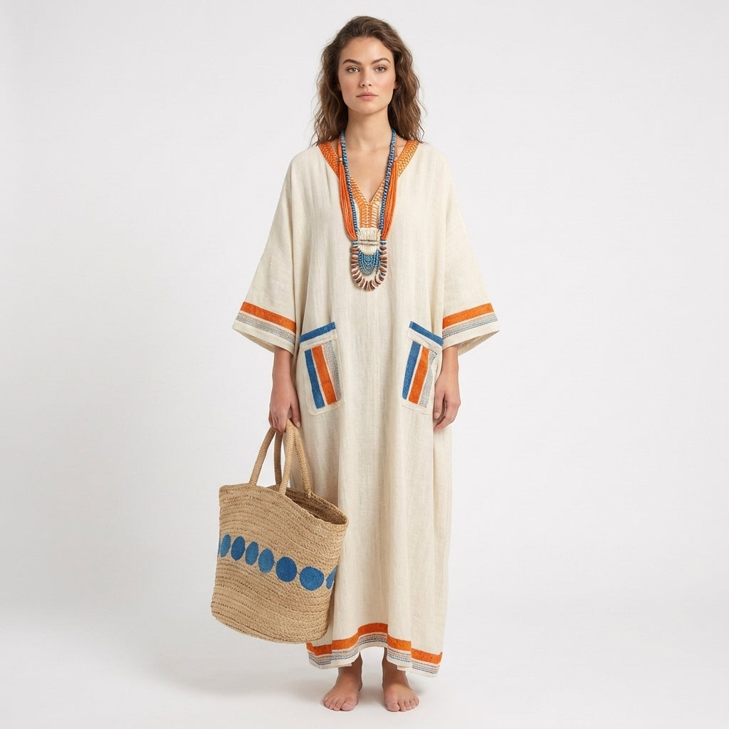 Jolene | Women's Linen Contrast Trim Oversized Kaftan Maxi Dress