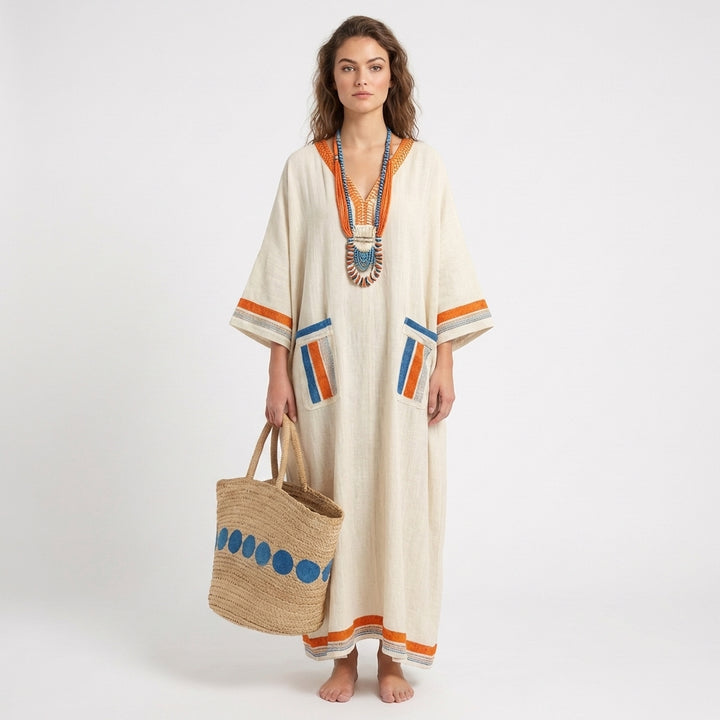 Jolene | Women's Linen Contrast Trim Oversized Kaftan Maxi Dress