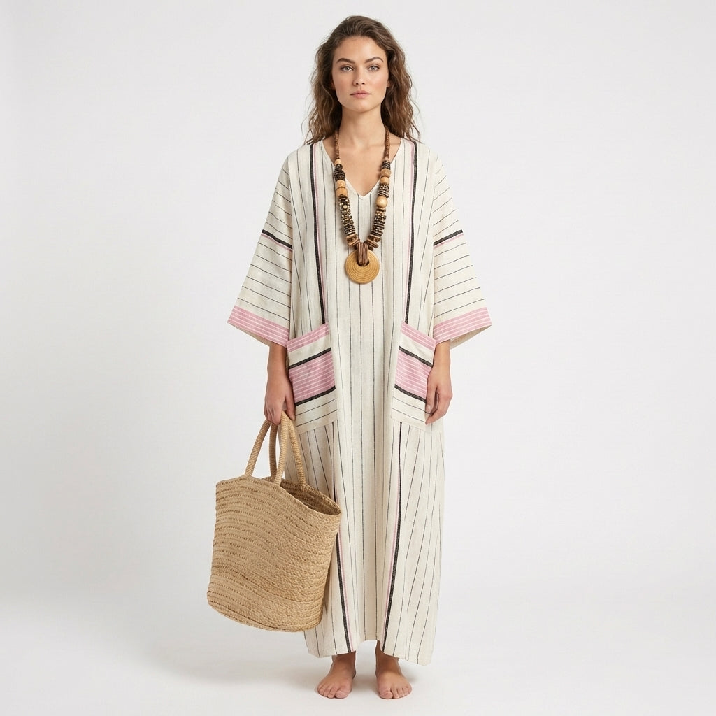 Jolene | Women's Linen Contrast Trim Oversized Kaftan Maxi Dress