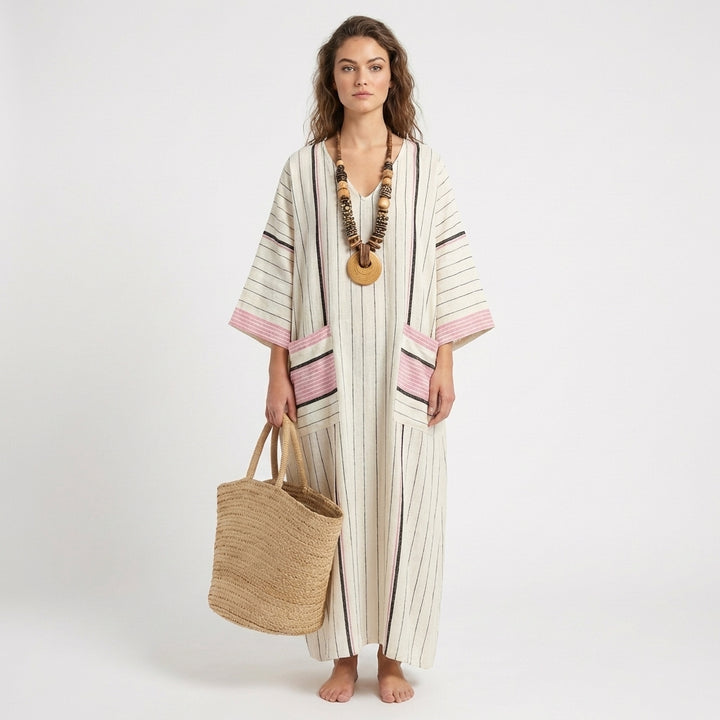 Jolene | Women's Linen Contrast Trim Oversized Kaftan Maxi Dress