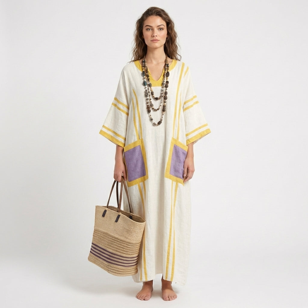 Jolene | Women's Linen Contrast Trim Oversized Kaftan Maxi Dress