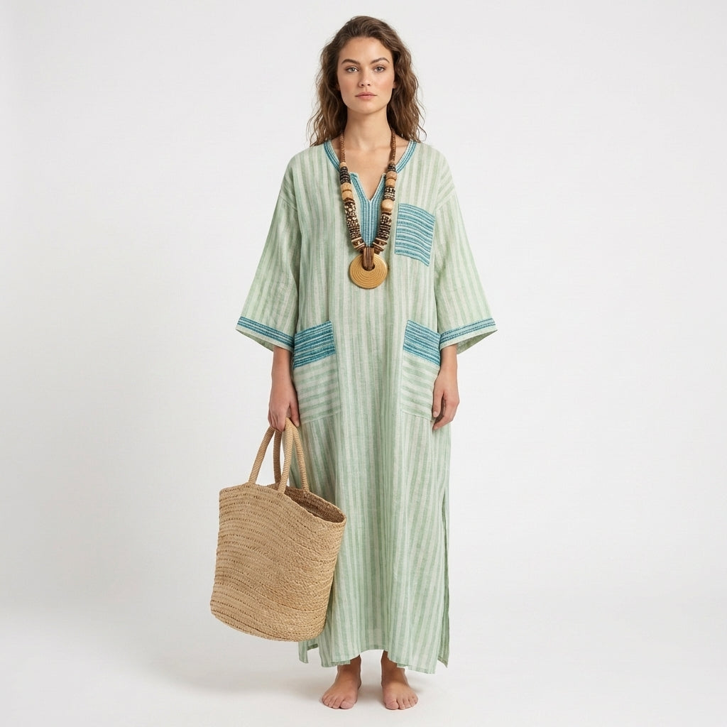 Jolene | Women's Linen Contrast Trim Oversized Kaftan Maxi Dress