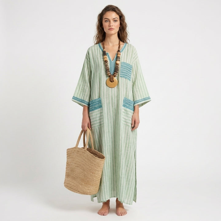 Jolene | Women's Linen Contrast Trim Oversized Kaftan Maxi Dress