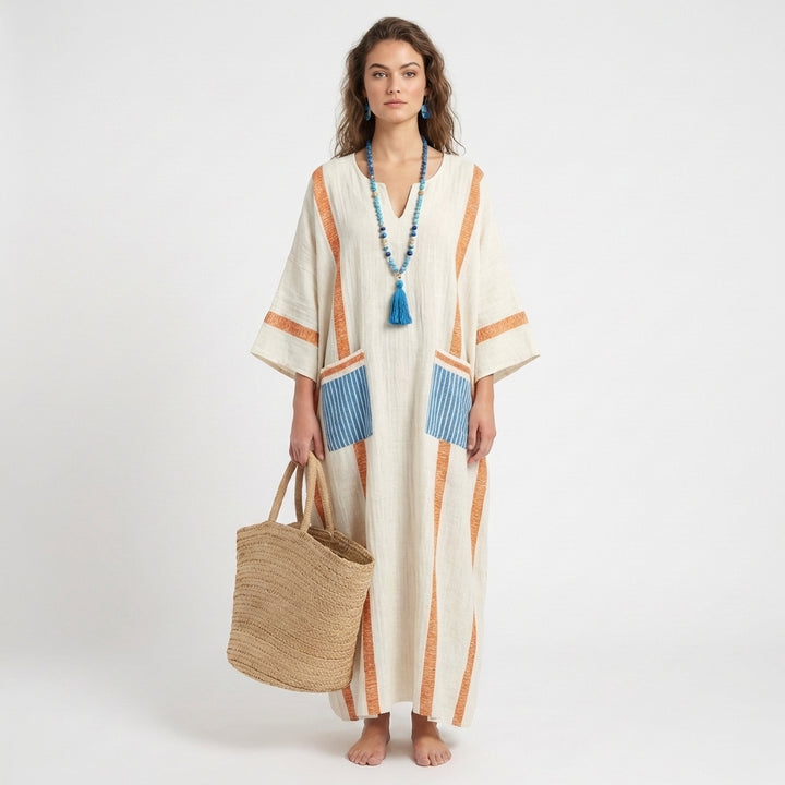 Jolene | Women's Linen Contrast Trim Oversized Kaftan Maxi Dress
