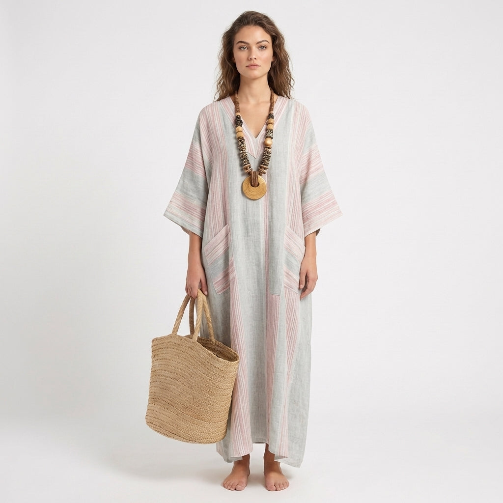 Jolene | Women's Linen Contrast Trim Oversized Kaftan Maxi Dress