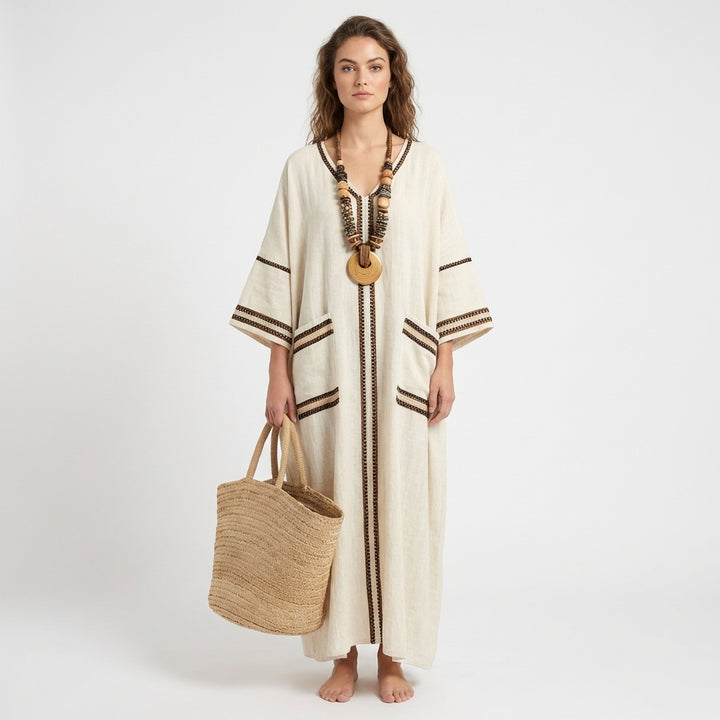 Jolene | Women's Linen Contrast Trim Oversized Kaftan Maxi Dress