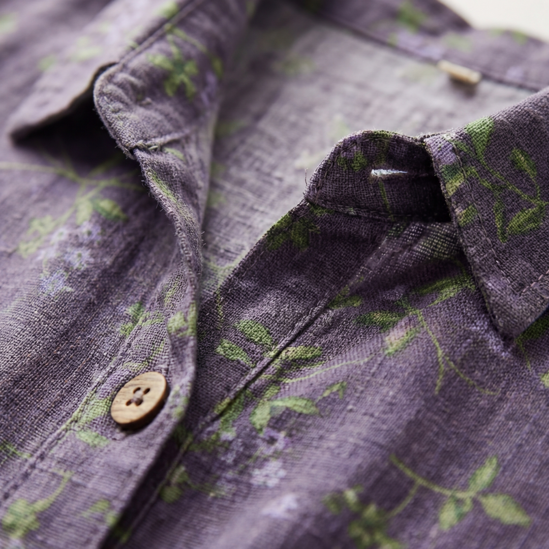 Jolene | Women's Linen Purple Floral Print Short Sleeve Shirt