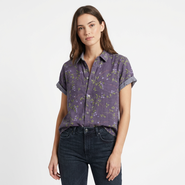 Jolene | Women's Linen Purple Floral Print Short Sleeve Shirt