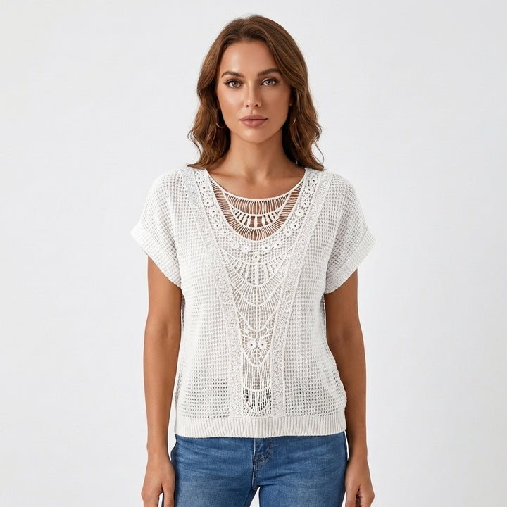 Lennox | Women's Cotton-Blend Crochet Lace Panel Knit Top