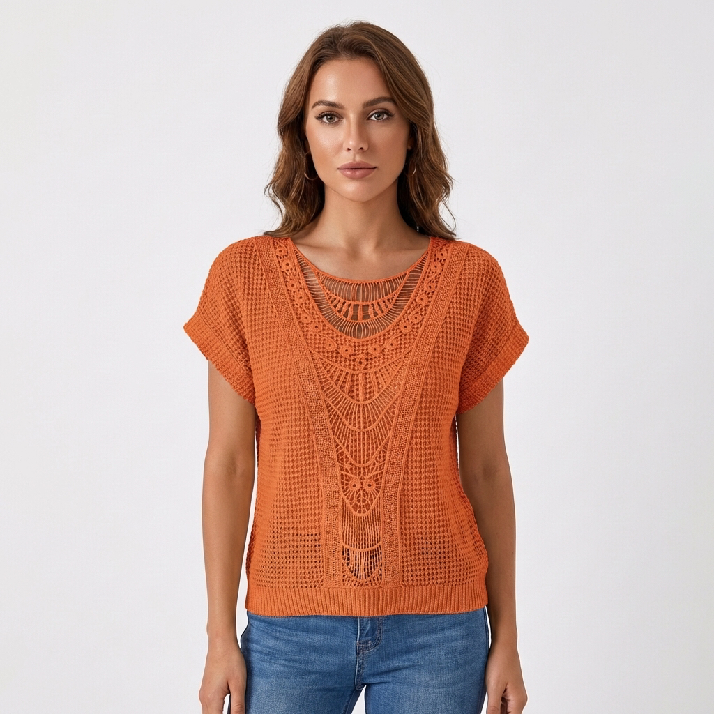 Lennox | Women's Cotton-Blend Crochet Lace Panel Knit Top
