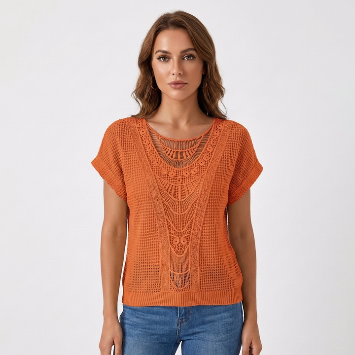 Lennox | Women's Cotton-Blend Crochet Lace Panel Knit Top