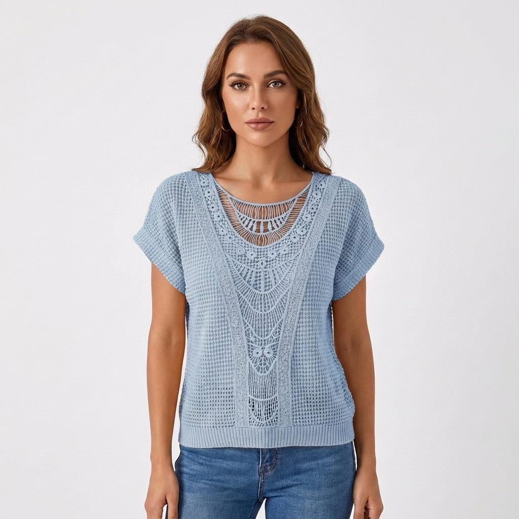 Lennox | Women's Cotton-Blend Crochet Lace Panel Knit Top