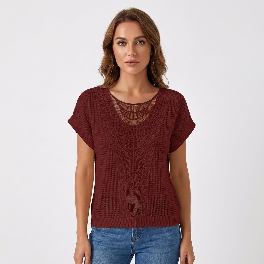 Lennox | Women's Cotton-Blend Crochet Lace Panel Knit Top
