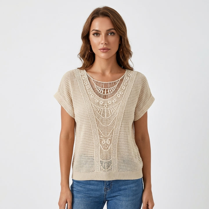 Lennox | Women's Cotton-Blend Crochet Lace Panel Knit Top
