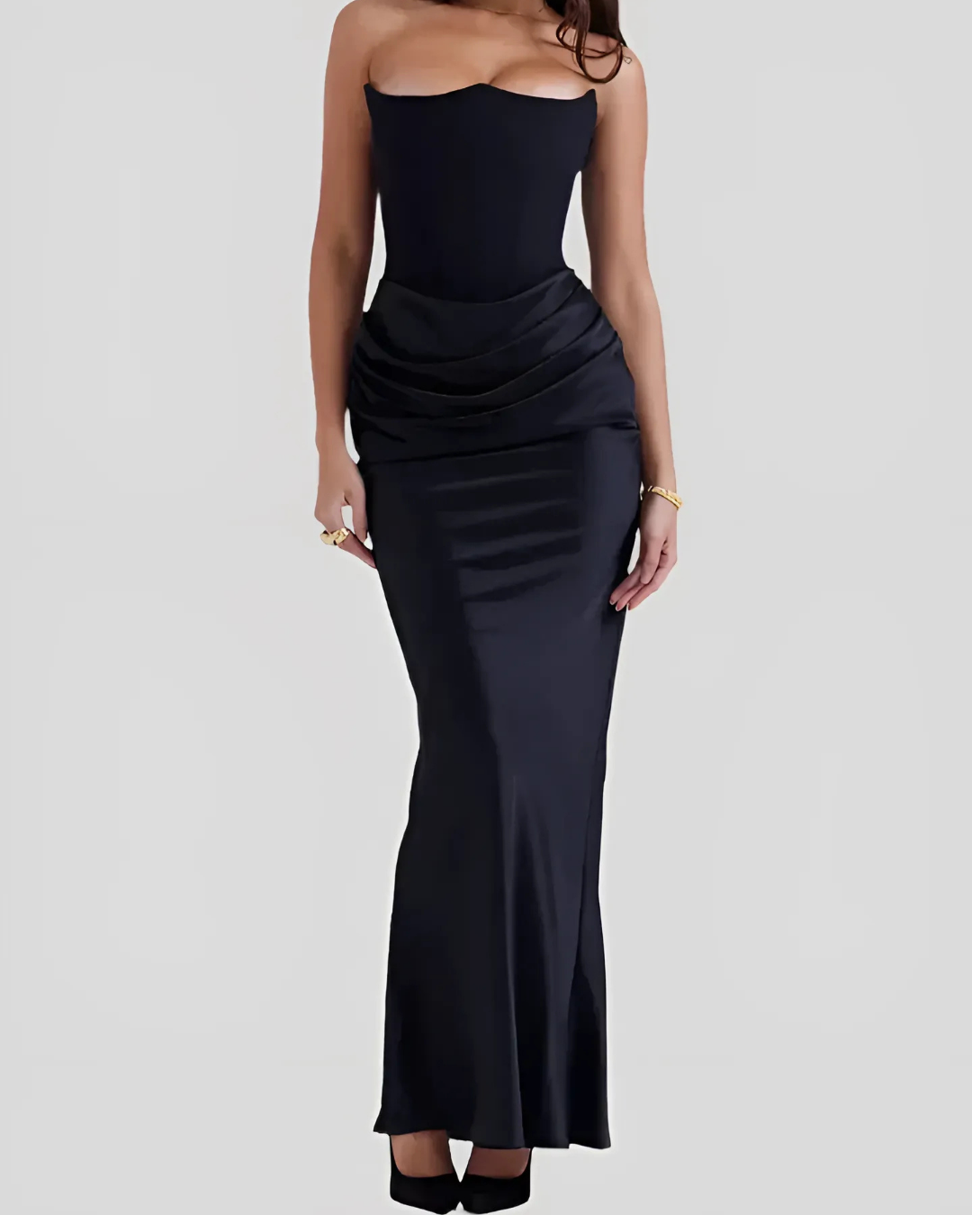 Leonora | Women's Satin Strapless Corset Maxi Wedding Guest Dress