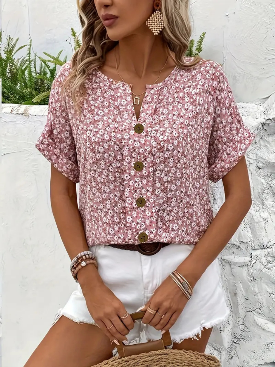 Luelle | Women's Pink Short Sleeve Button-Down Blouse