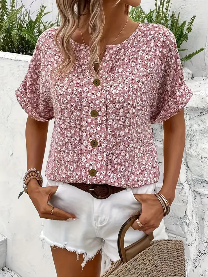 Luelle | Women's Pink Short Sleeve Button-Down Blouse