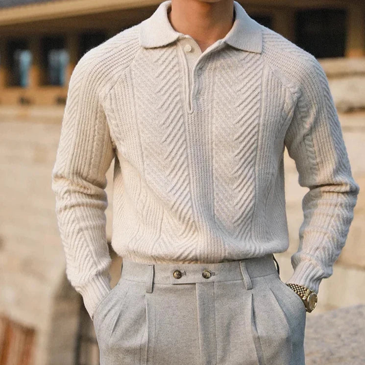 Marlowe | Men's Merino Wool Cable-Knit Polo Zip Neck Jumper