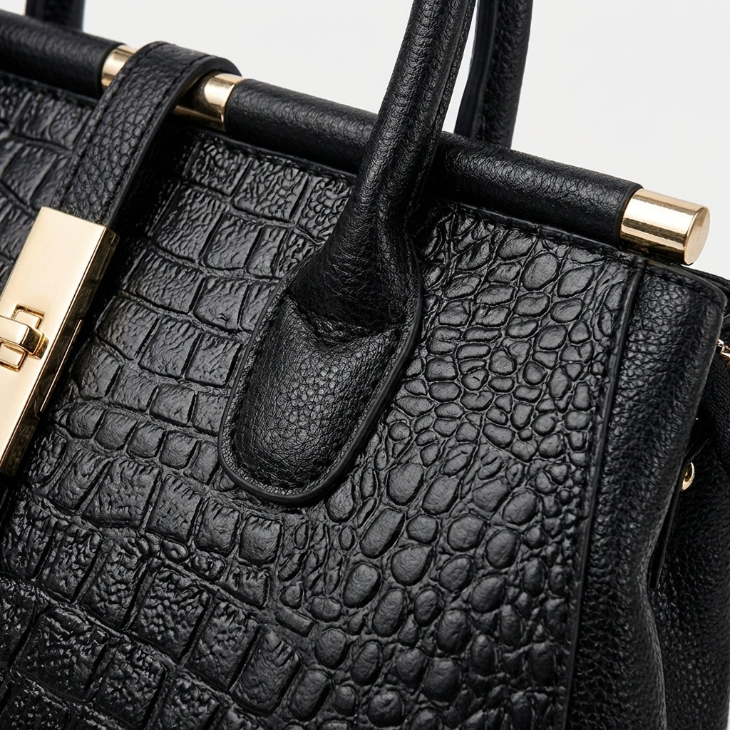 Marlowe | Women's Black Leather Croc Embossed Structured Tote Bag