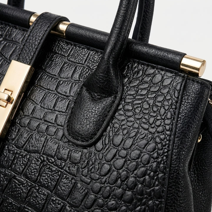 Marlowe | Women's Black Leather Croc Embossed Structured Tote Bag