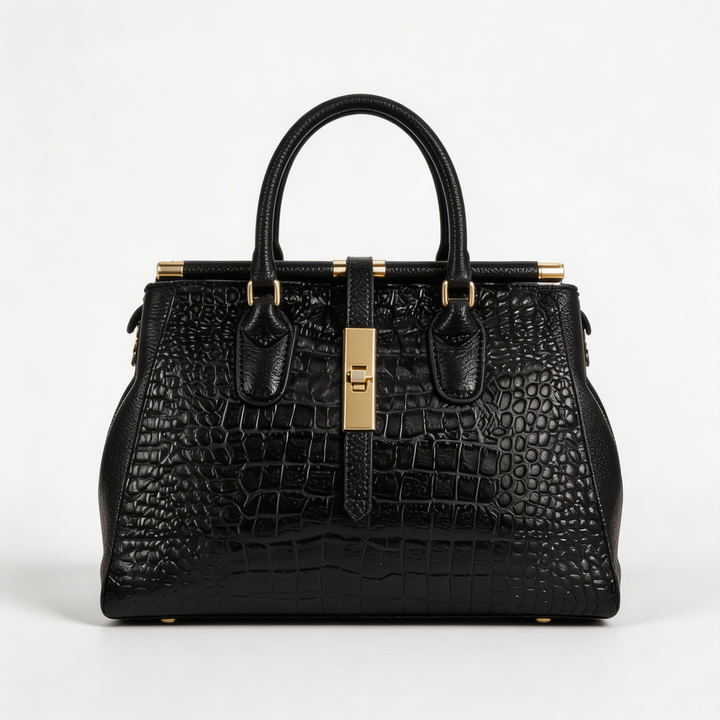 Marlowe | Women's Black Leather Croc Embossed Structured Tote Bag
