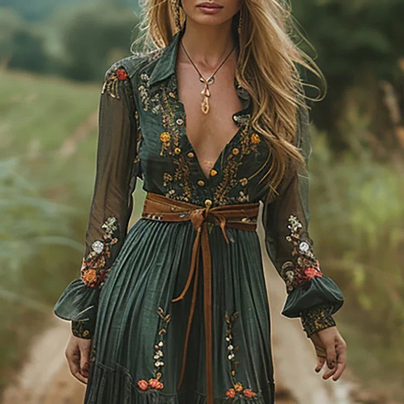 Marlowe | Women's Chiffon Floral Print Deep V-Neck Maxi Dress
