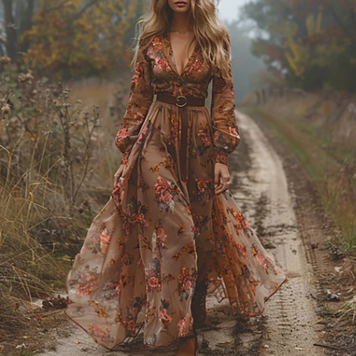 Marlowe | Women's Chiffon Floral Print Deep V-Neck Maxi Dress
