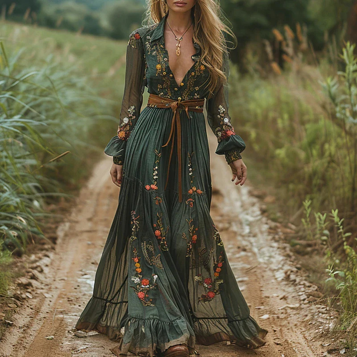Marlowe | Women's Chiffon Floral Print Deep V-Neck Maxi Dress